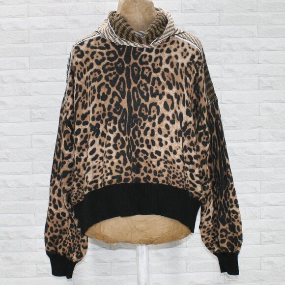 GIMMICKS Sweater Oversized Cowl Neck Knit Cropped Animal Cheetah Print Large - Picture 1 of 12